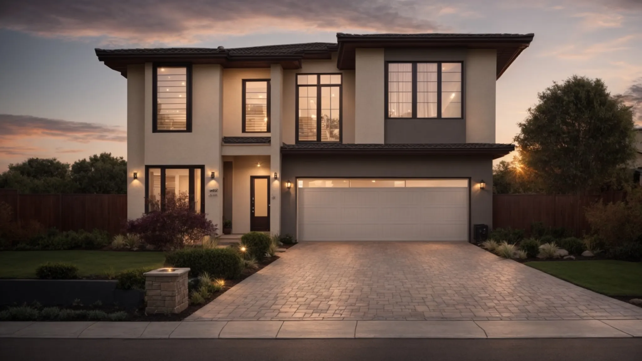 a sunset view over a serene home, showcasing a beautifully patterned paver driveway leading up to a stylish garage door.