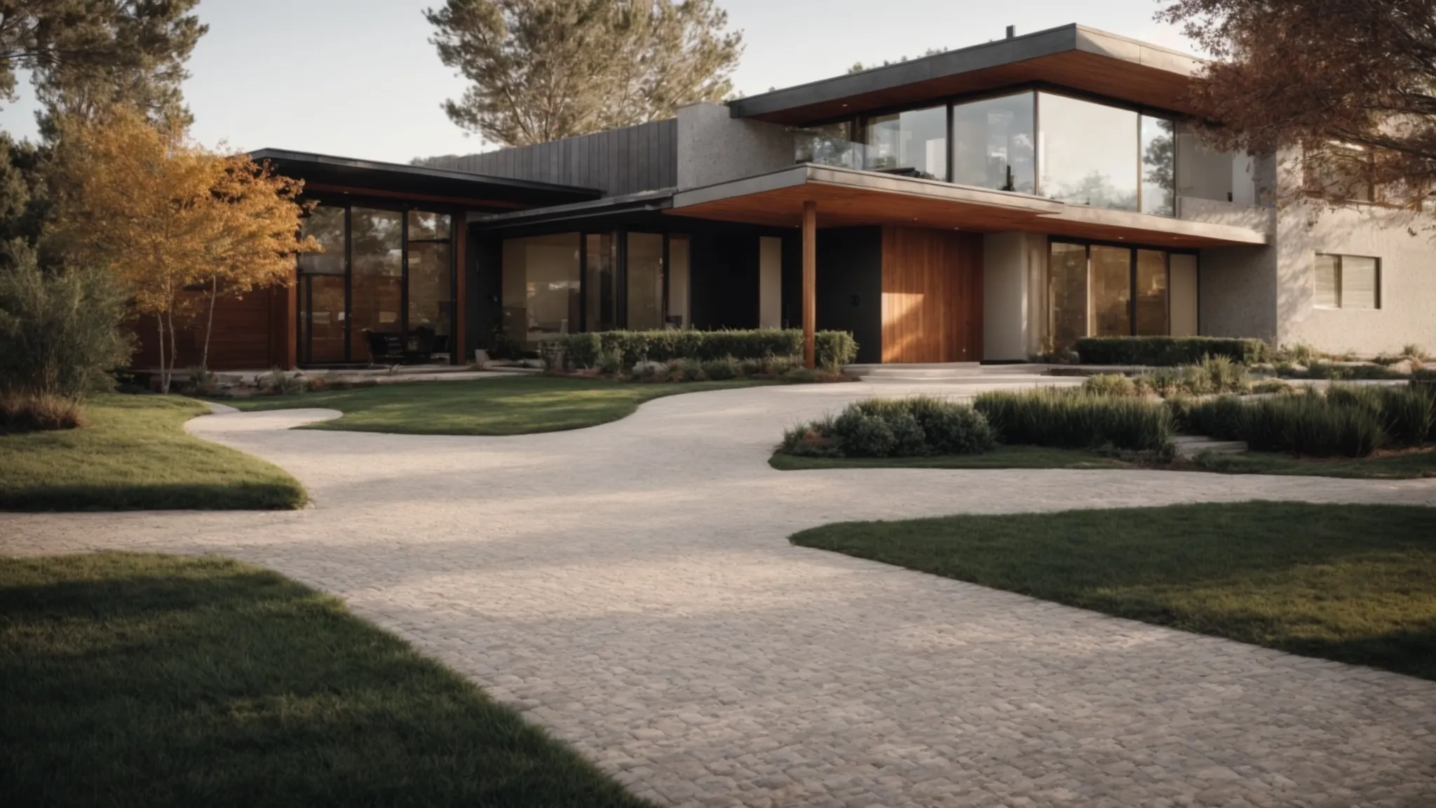 a driveway splits into two paths, one paved with irregular stones and the other a smooth concrete surface, leading to a modern home.