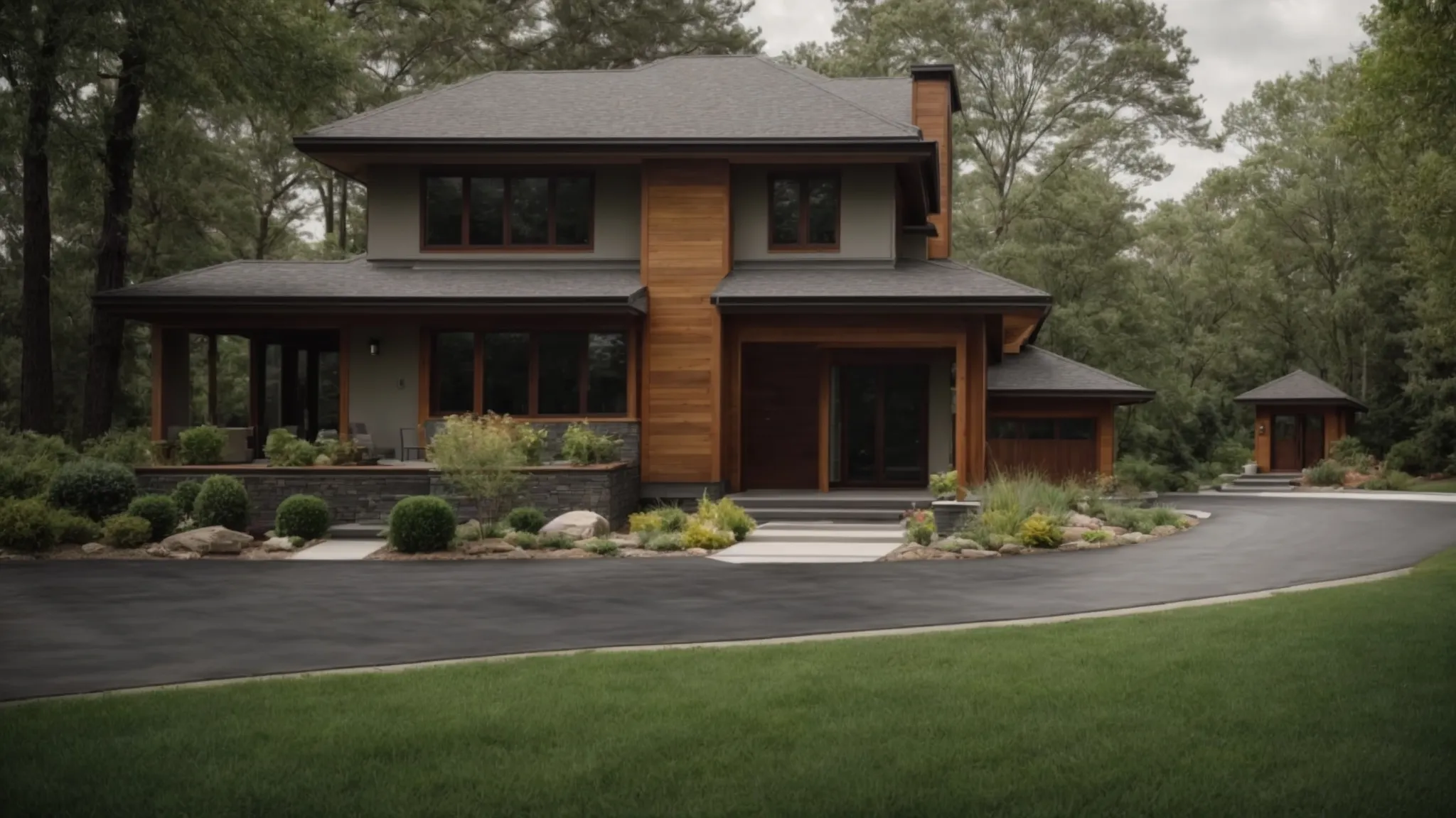 a house with a newly paved driveway enhances the home's entrance.