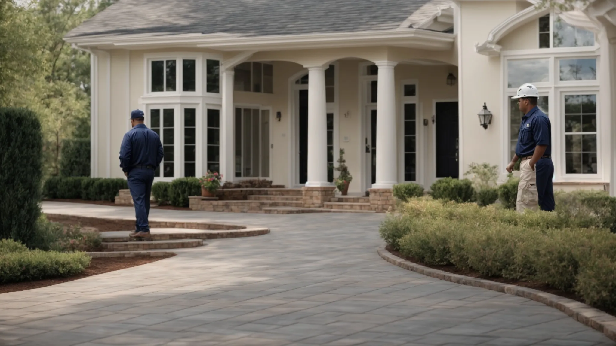 a smooth, freshly installed paver driveway leads up to an elegant home, with contractors discussing plans in the background.