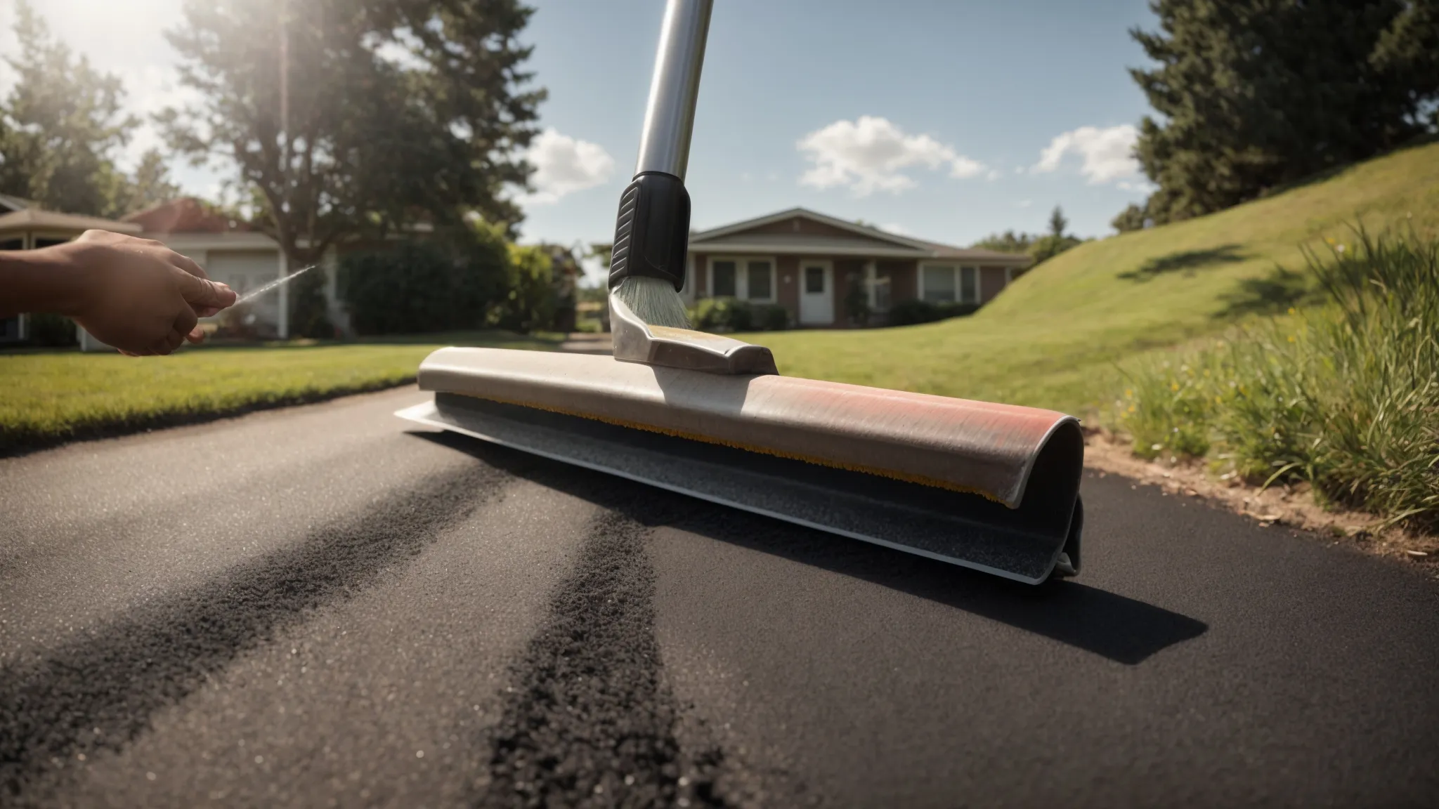 a homeowner smooths fresh asphalt on a driveway with a large push squeegee, under a sunny sky.