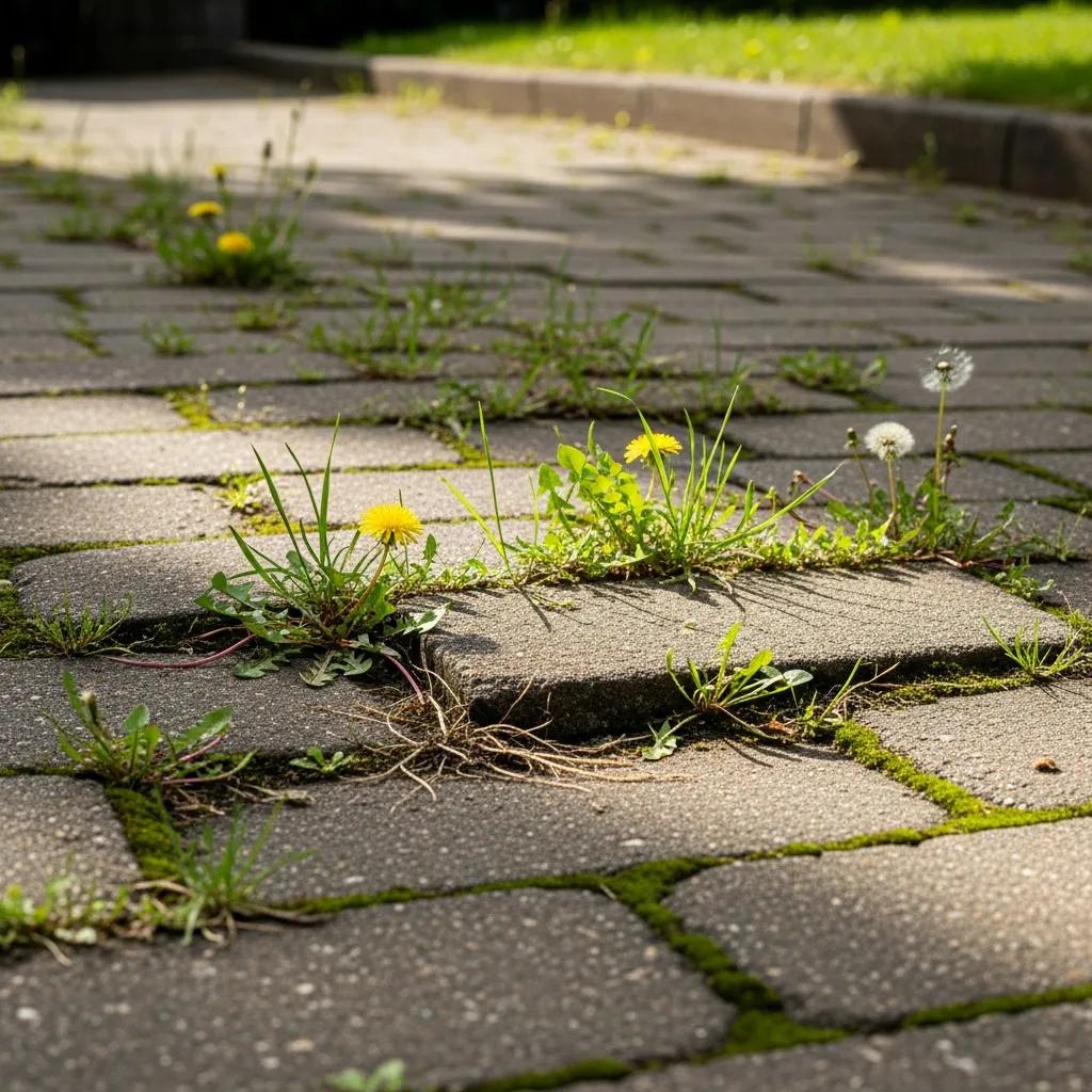 Close-up showing cracked pavers and weeds emerging from joints
