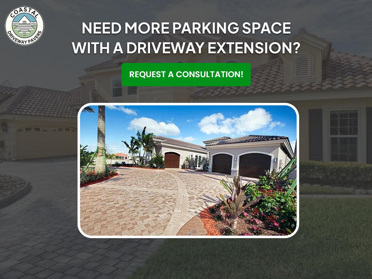 ### Key Elements- **Main Subject**: Image of a driveway with two garage doors.
- **Notable Features**: Well-maintained landscaping, pavers used for the driveway, and a residential building in the background.
- **Text and Symbols**: Bold call to action "REQUEST A CONSULTATION!" indicating an offer for assistance.
- **Overall Mood/Theme**: Inviting and practical, emphasizing the need for parking space and the potential for home improvement.