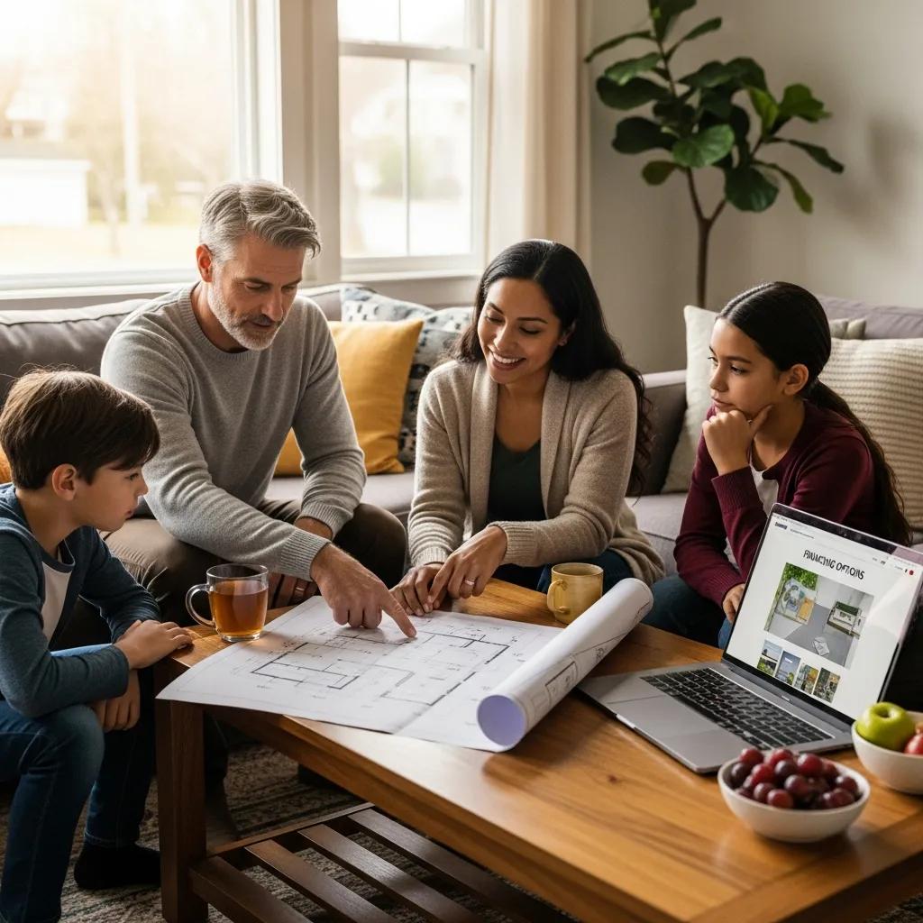 Family discussing driveway paving financing options in a cozy living room