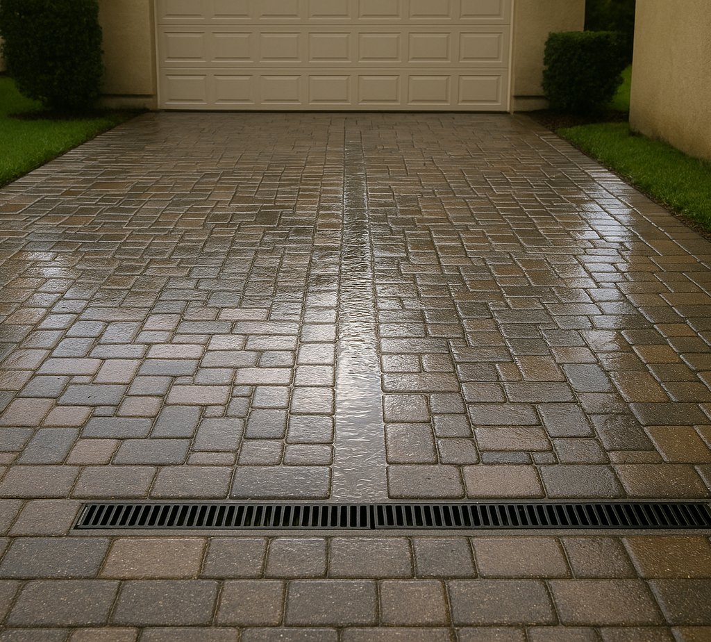 Wet paver driveway after a Florida rainstorm with a channel drain across the garage threshold