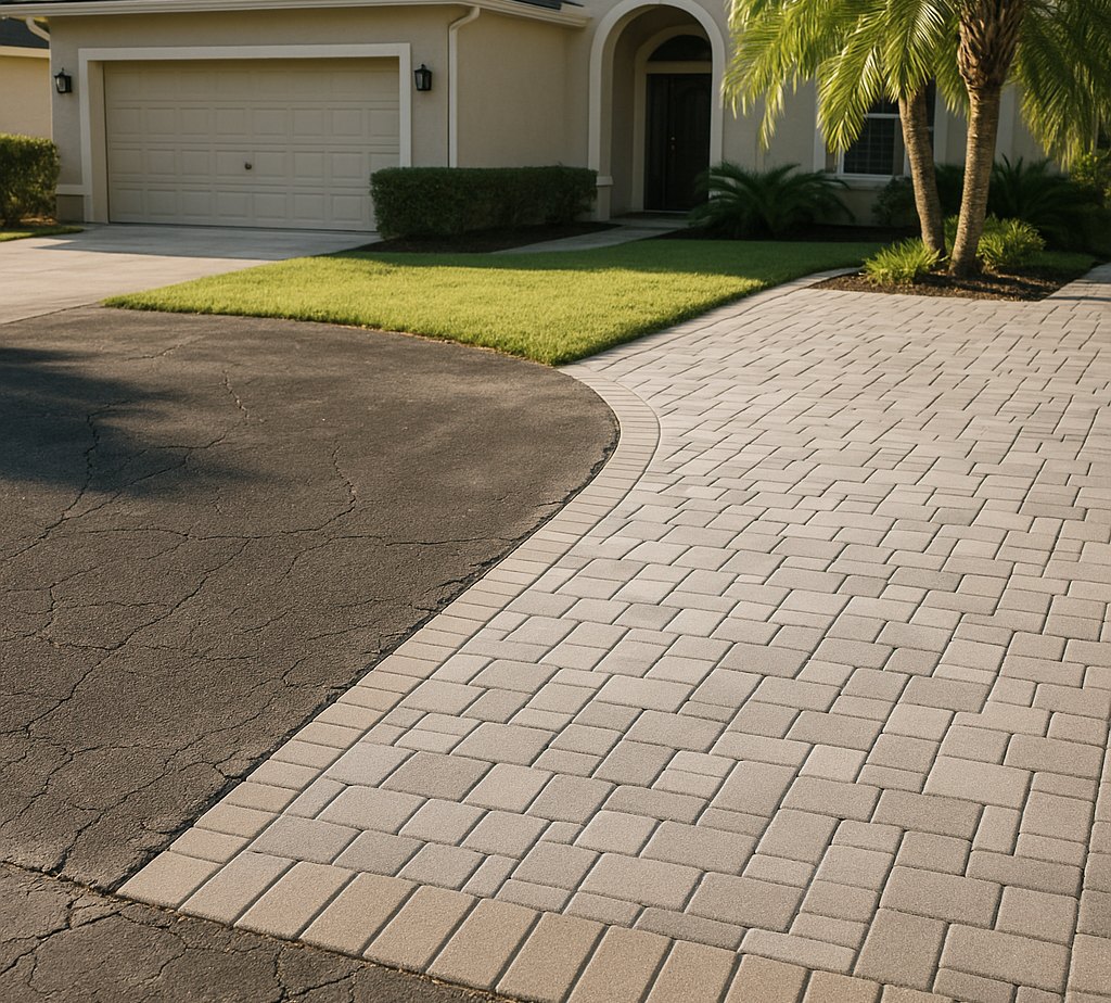 Old cracked asphalt driveway meeting a new concrete paver section with a soldier-course border in a Jacksonville neighborhood