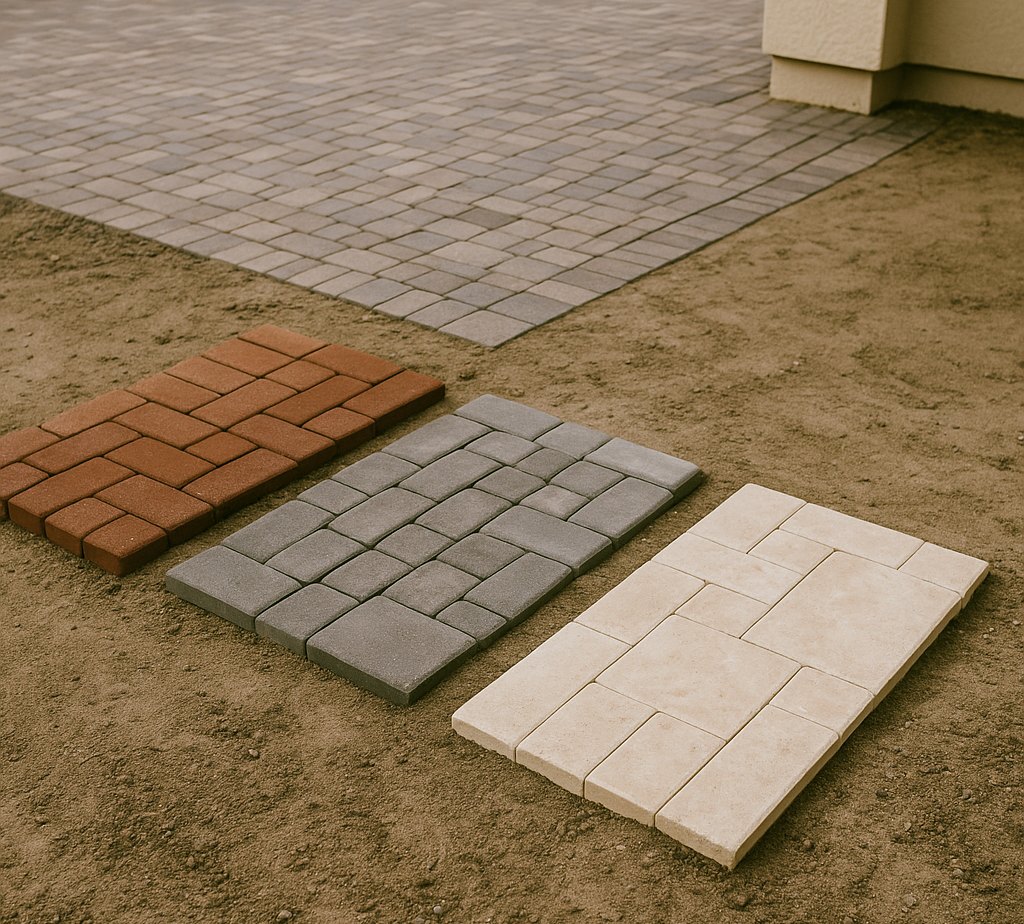 Red clay brick, grey concrete and natural travertine pavers laid side by side on a compacted base at a driveway project