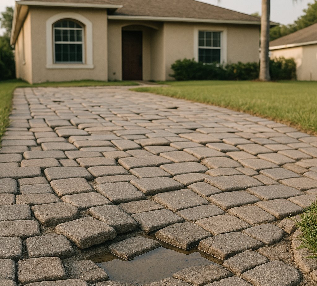 Poorly installed DIY paver driveway in Florida with sunken, uneven pavers, washed-out joints and a puddle in a dip