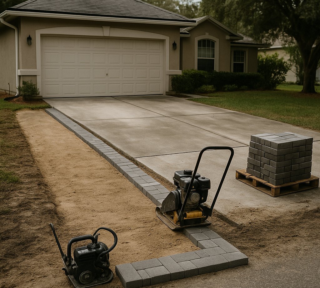 Paver driveway extension being built beside an existing concrete driveway in Jacksonville, with a compacted base and new pavers along the edge