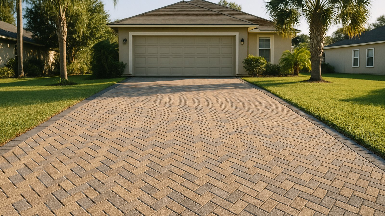 Paver driveway ideas in action: a herringbone paver driveway with a charcoal soldier-course border leading to a stucco Jacksonville home