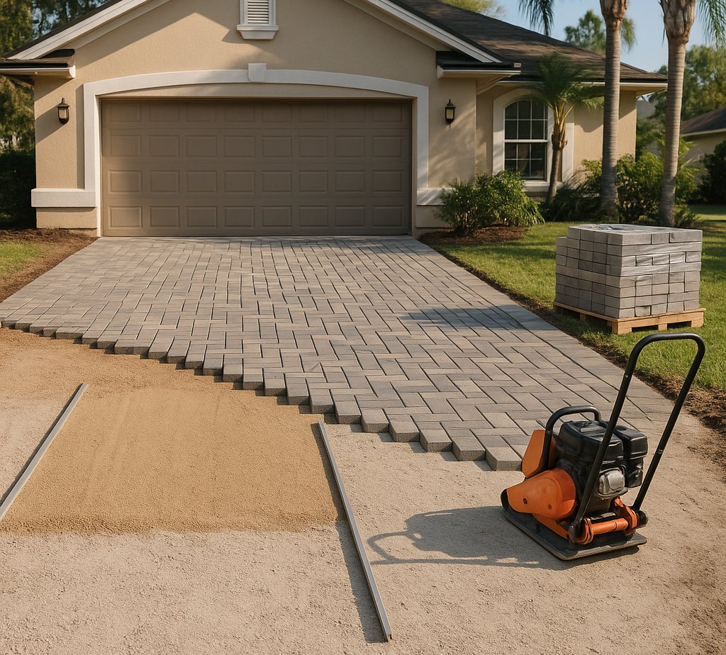 Paver driveway being installed in Jacksonville: compacted base, screeded bedding sand between rails and concrete pavers laid from the garage, with a plate compactor nearby