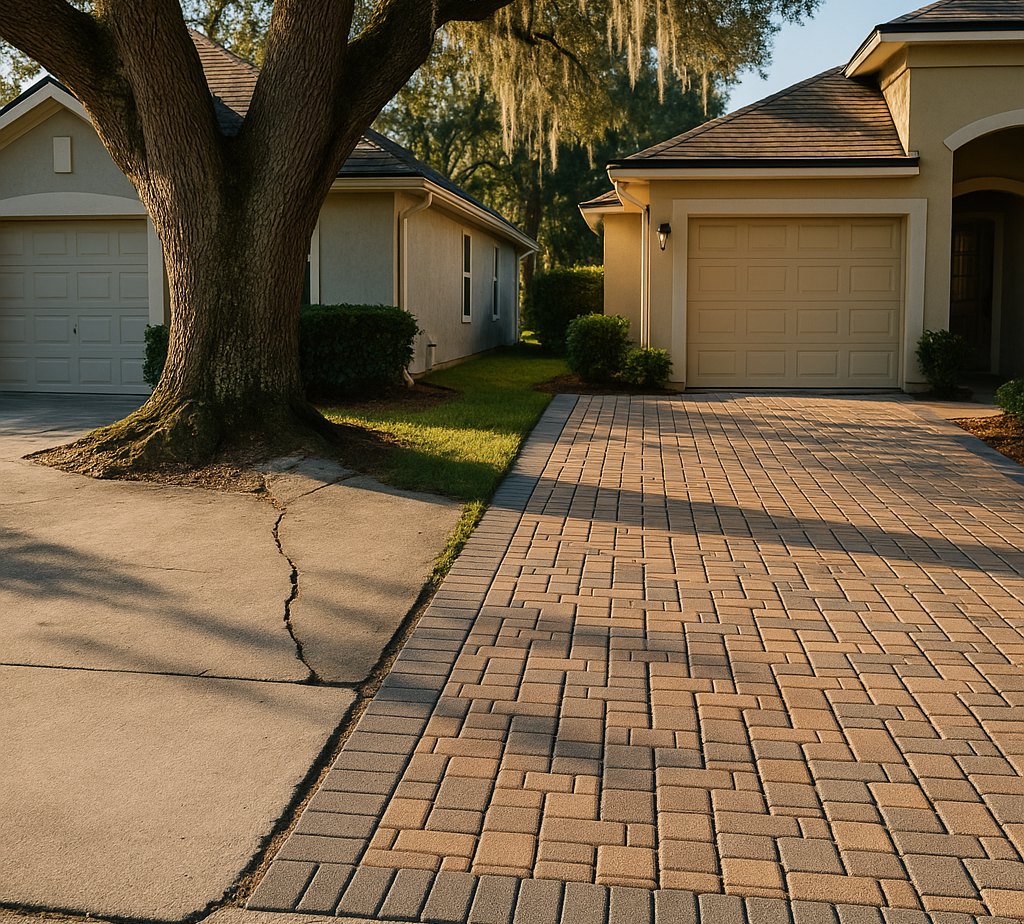 Cracked concrete driveway lifted by live oak roots next to an interlocking concrete paver driveway in a Jacksonville neighborhood
